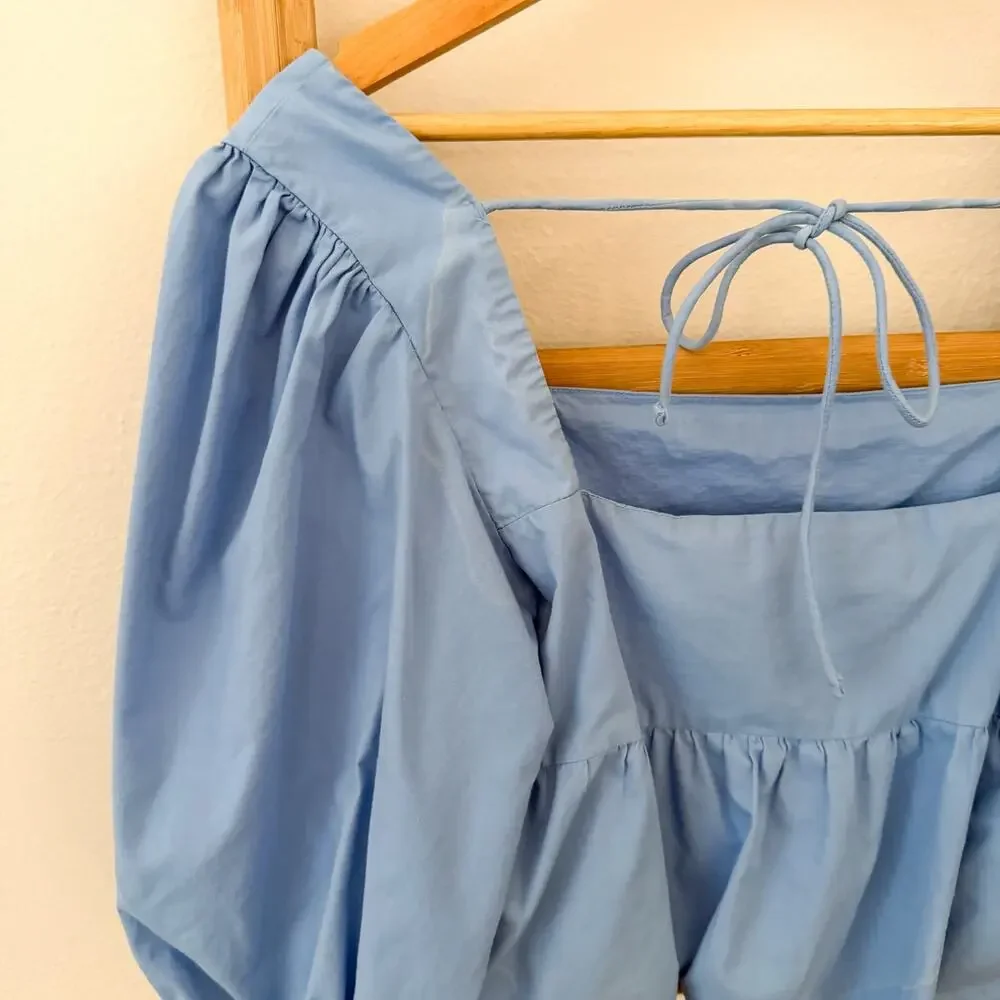 Abercrombie & Fitch Blue Puff Sleeve Tie Back Peplum Blouse Top S Cottagecore